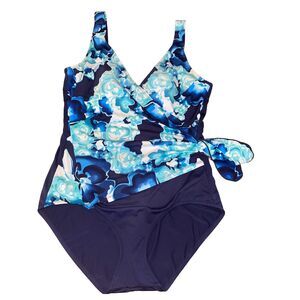 Gabar Vintage Blue Floral Faux Wrap One Piece Tummy Minimizer Swimsuit Sz 14